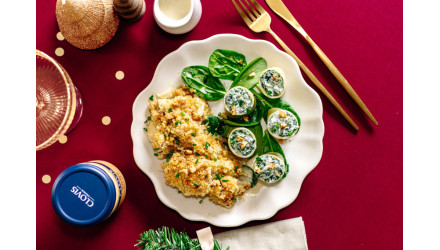 Crumble de poulet à la moutarde aux noix, cannelloni chèvre/épinards